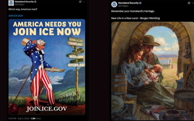 Two social media posts from the Department of Homeland Security appear to reference what some are calling neo-Nazi tropes (l-r): a reference to the antisemitic book "Which Way, Western Man?" and the use of a double-capitalized "HH" that is common online shorthand for "Heil Hitler." (Screen captures via JTA)